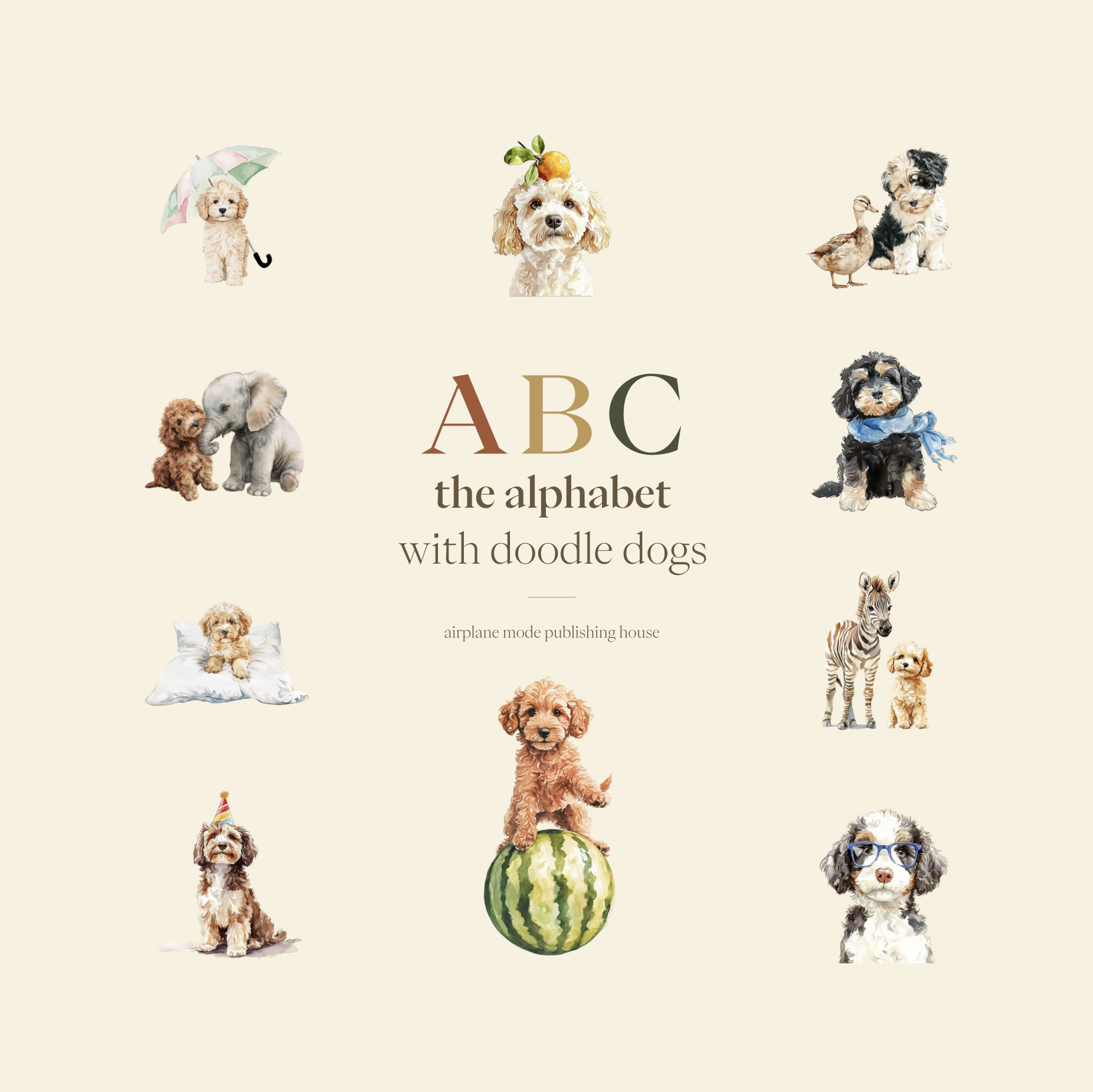 ABC the Alphabet with Doodle Dogs — cream hardcover with scattered watercolor doodle dog illustrations