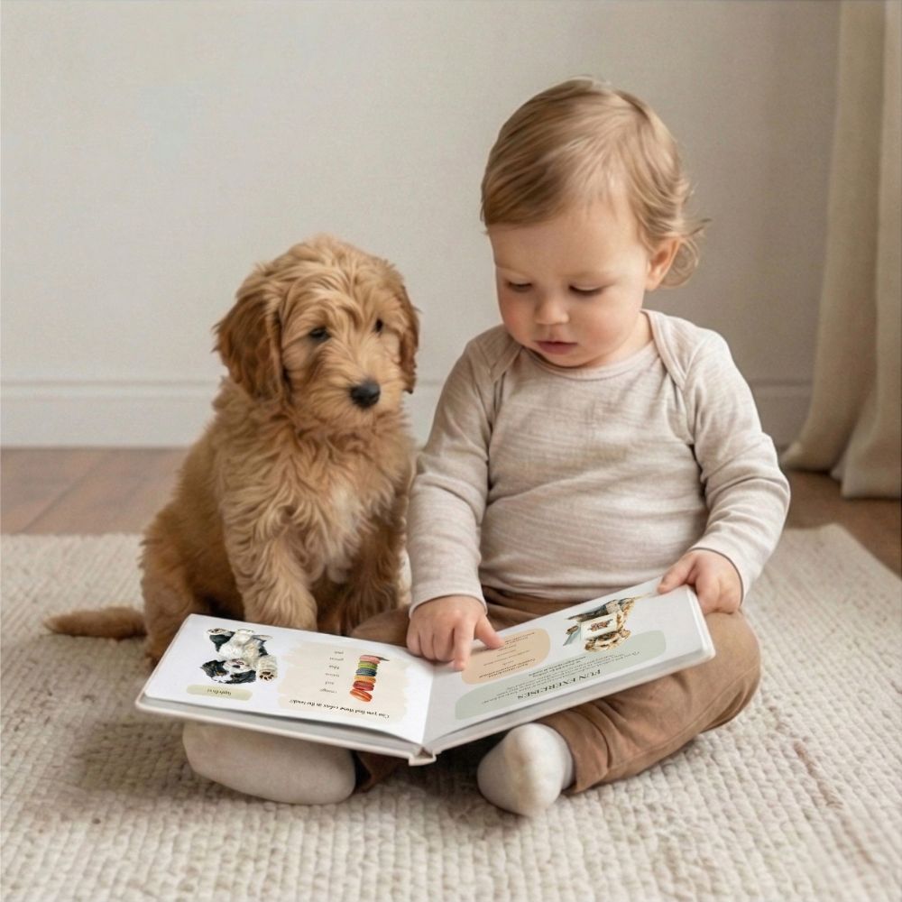Doodle Dogs interior — lifestyle photo of book with puppy