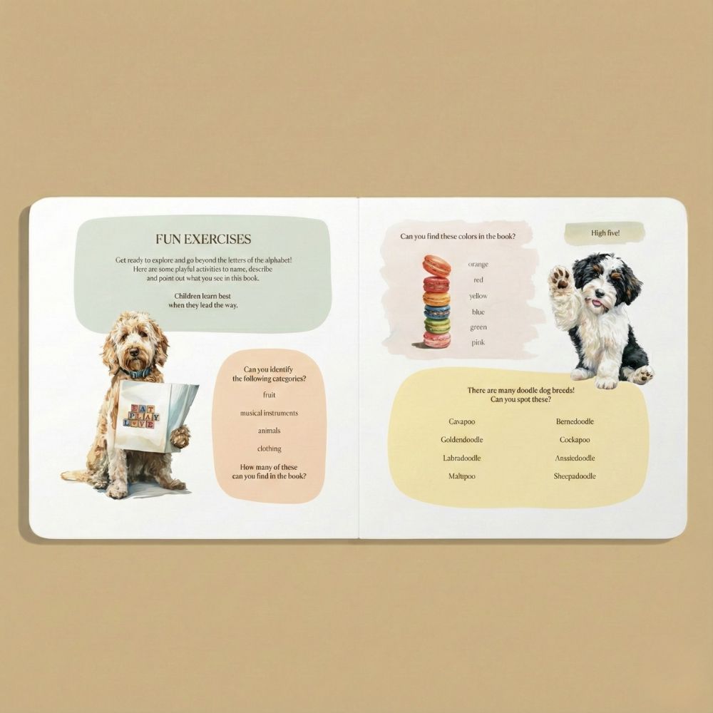 ABC Doodle Dogs interior — fun exercises spread with doodle dog characters