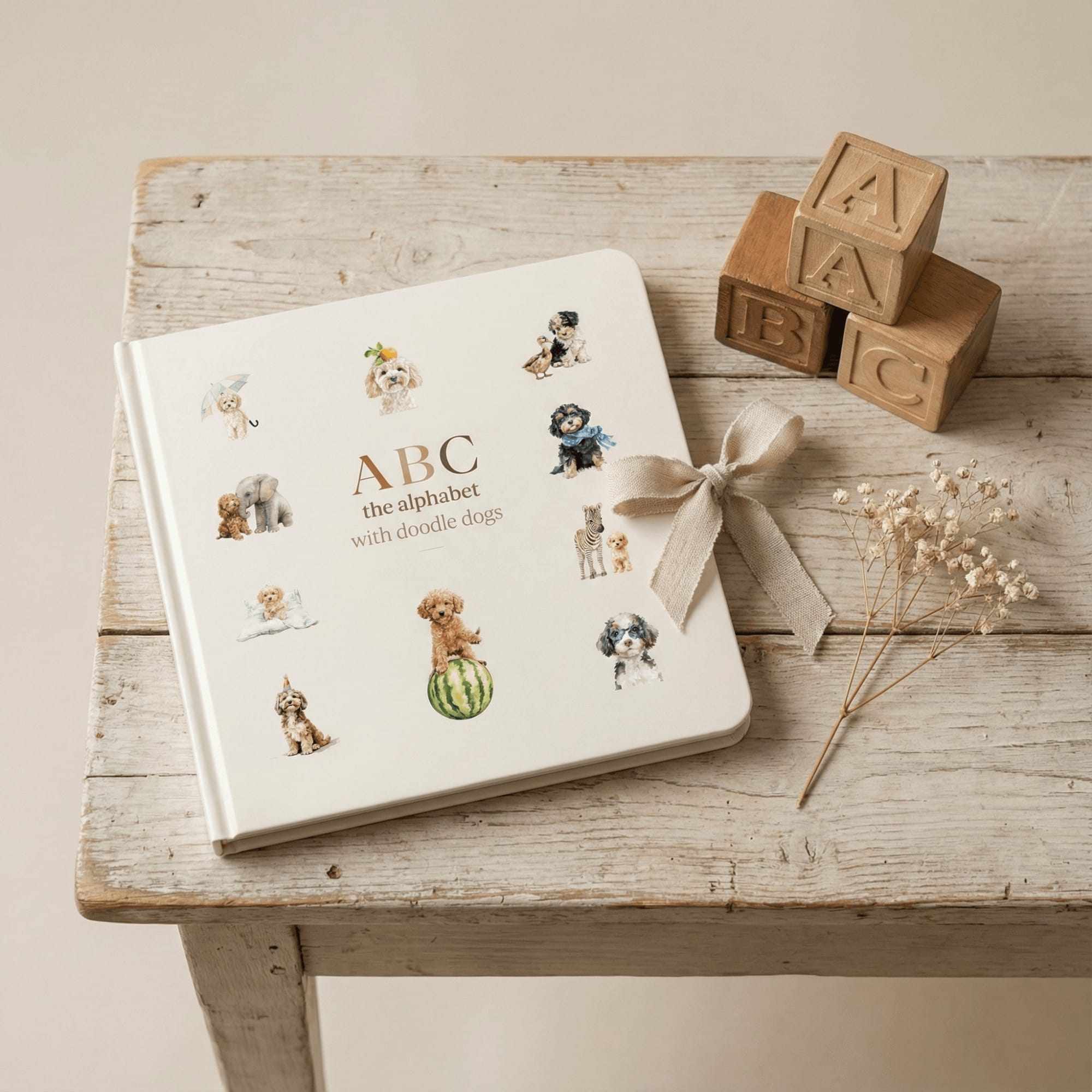 ABC Doodle Dogs flat lay on wooden table with alphabet blocks and dried flowers